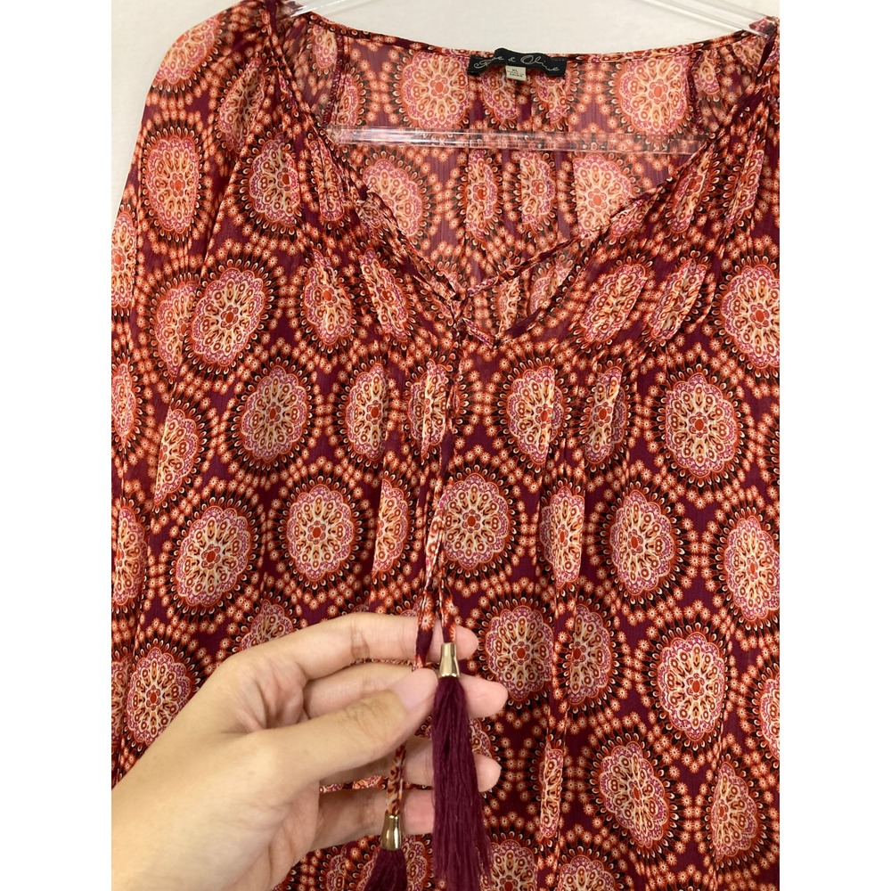 Rose & Olive Peasant Blouse XL Burgundy Boho Medallion Tassel Tie Chiffon Top - Picture 3 of 8